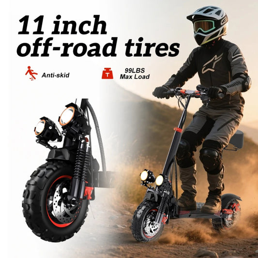 All-Terrain 48V Electric Scooter with Seat | Foldable Design, 11-Inch Off-Road Tires & Long Range Battery